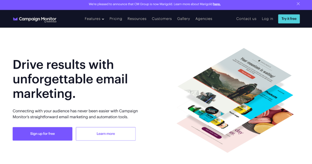 Pagina iniziale di Campaign Monitor, sistema efficiente di gestione e marketing della posta elettronica
