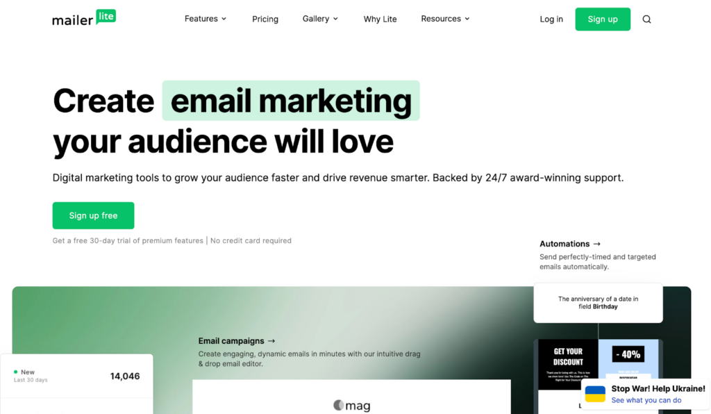 Pagina iniziale di MailerLite, un sistema di gestione della posta elettronica user-friendly