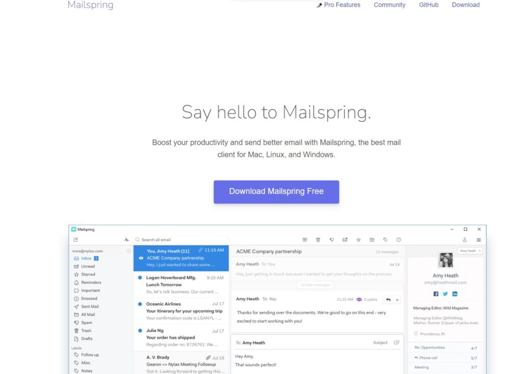 Homepage di Mailspring