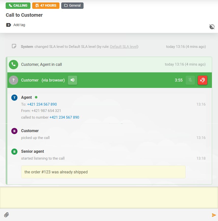 Funzione di ascolto delle chiamate LiveAgent con interazione di note tra agenti
