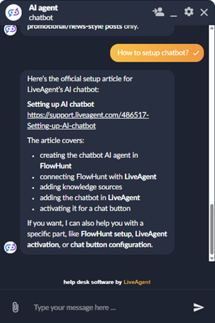 LiveAgent AI Agent chat con supporto markdown