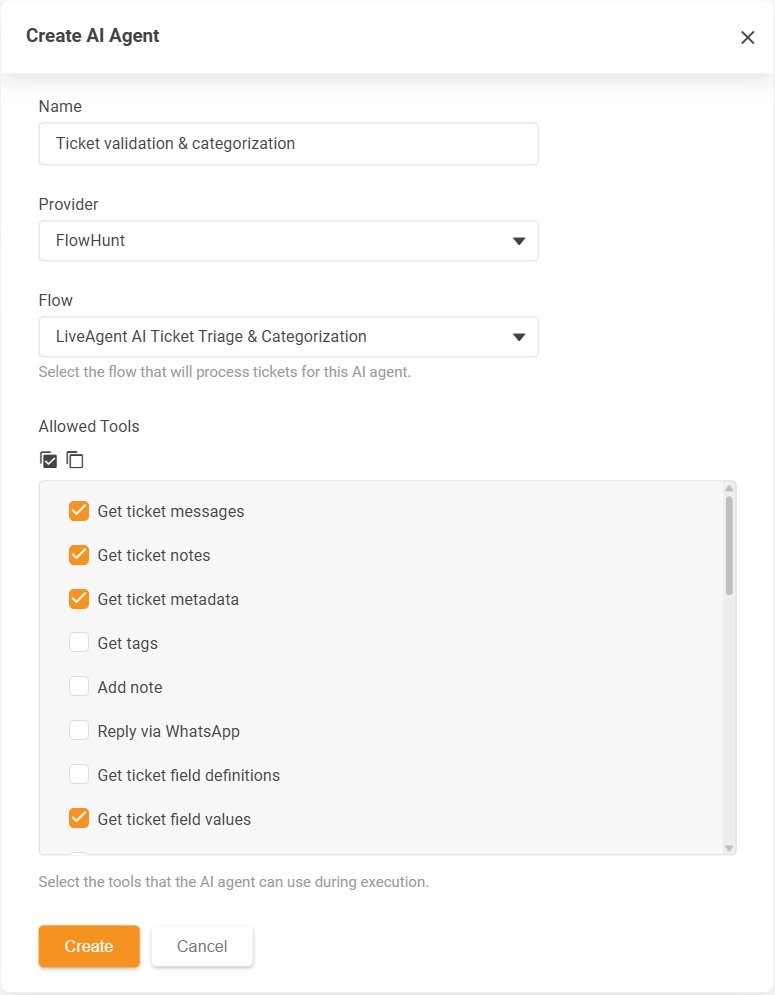 Finestra di dialogo Create AI Agent di LiveAgent con l'elenco Allowed Tools delle azioni consentite