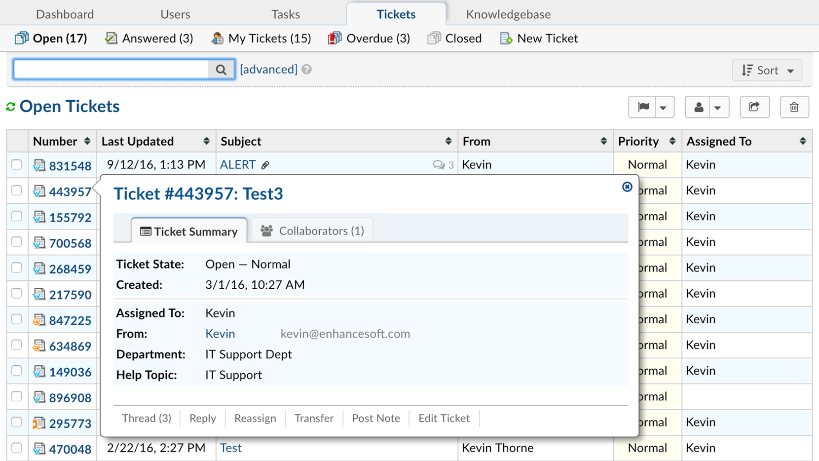 Sistema di ticketing gratuito osTicket - coda ticket aperta con stato e priorità
