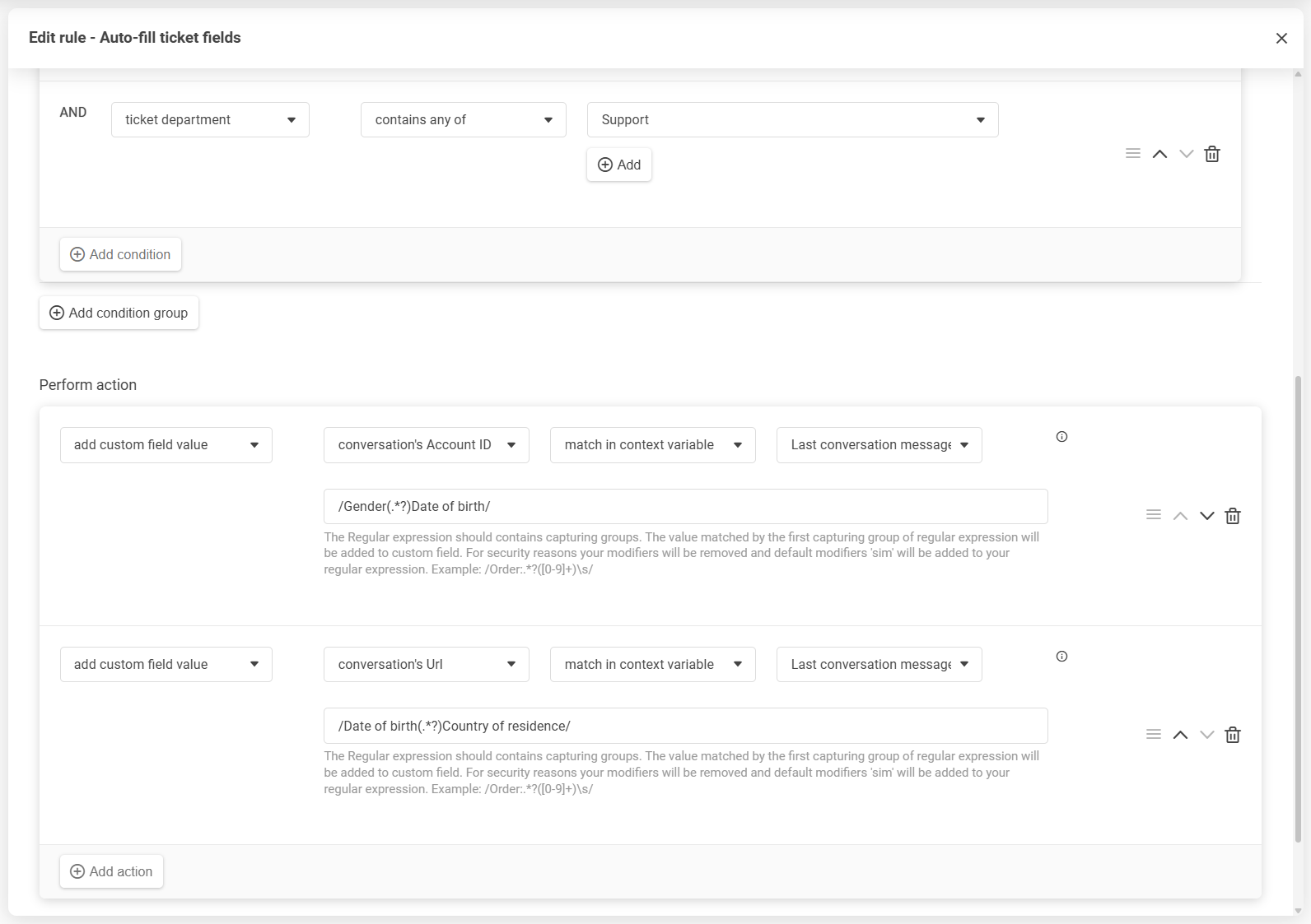 Editor di regole di LiveAgent con riordinamento drag-and-drop di condizioni e azioni