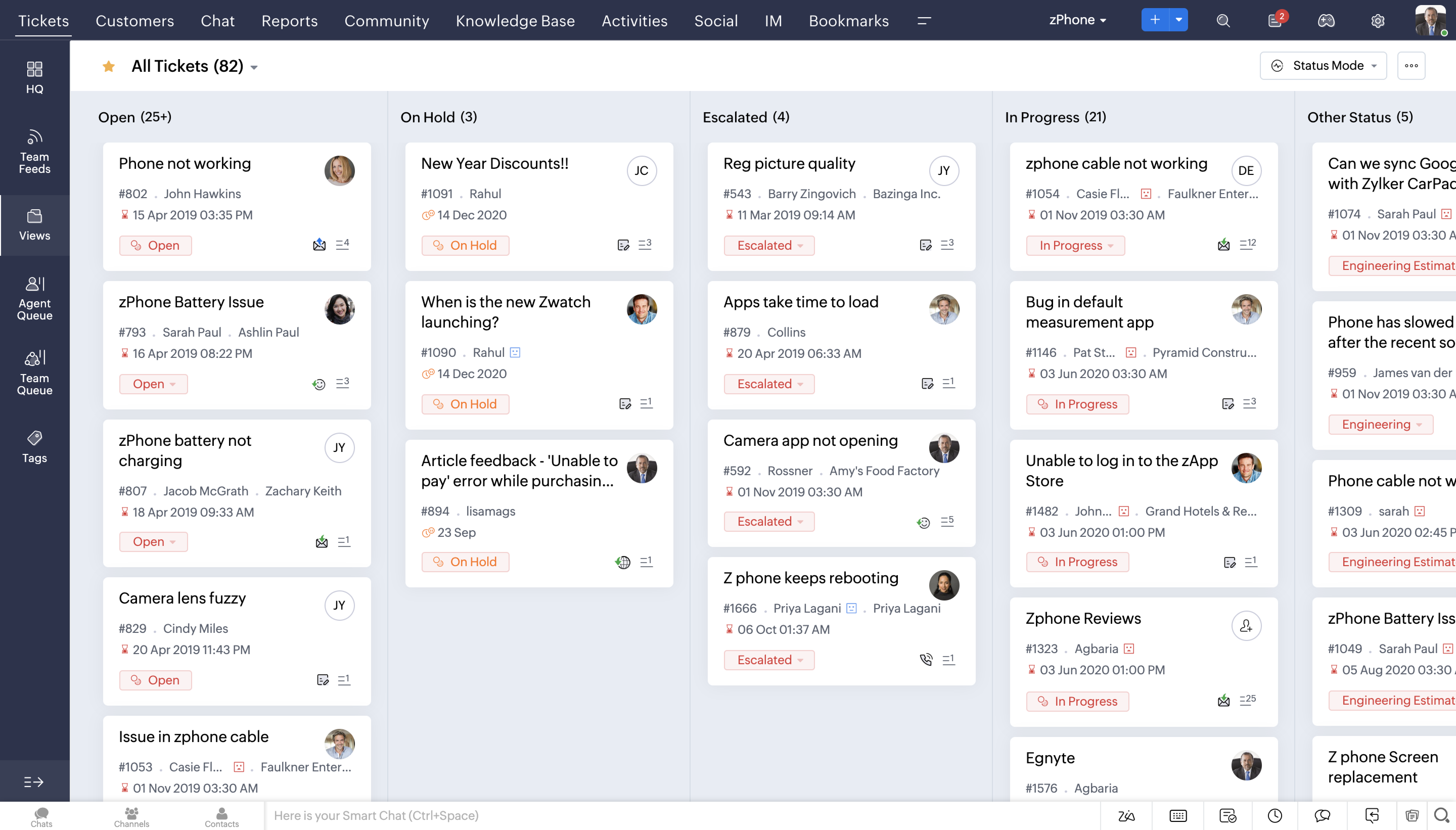 Piano help desk gratuito di Zoho Desk che mostra la vista ticket