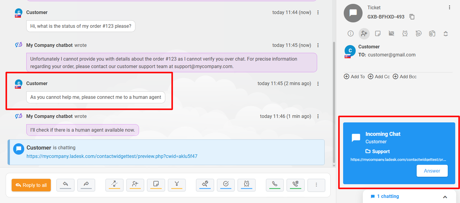 Anteprima AI Human handover di LiveAgent