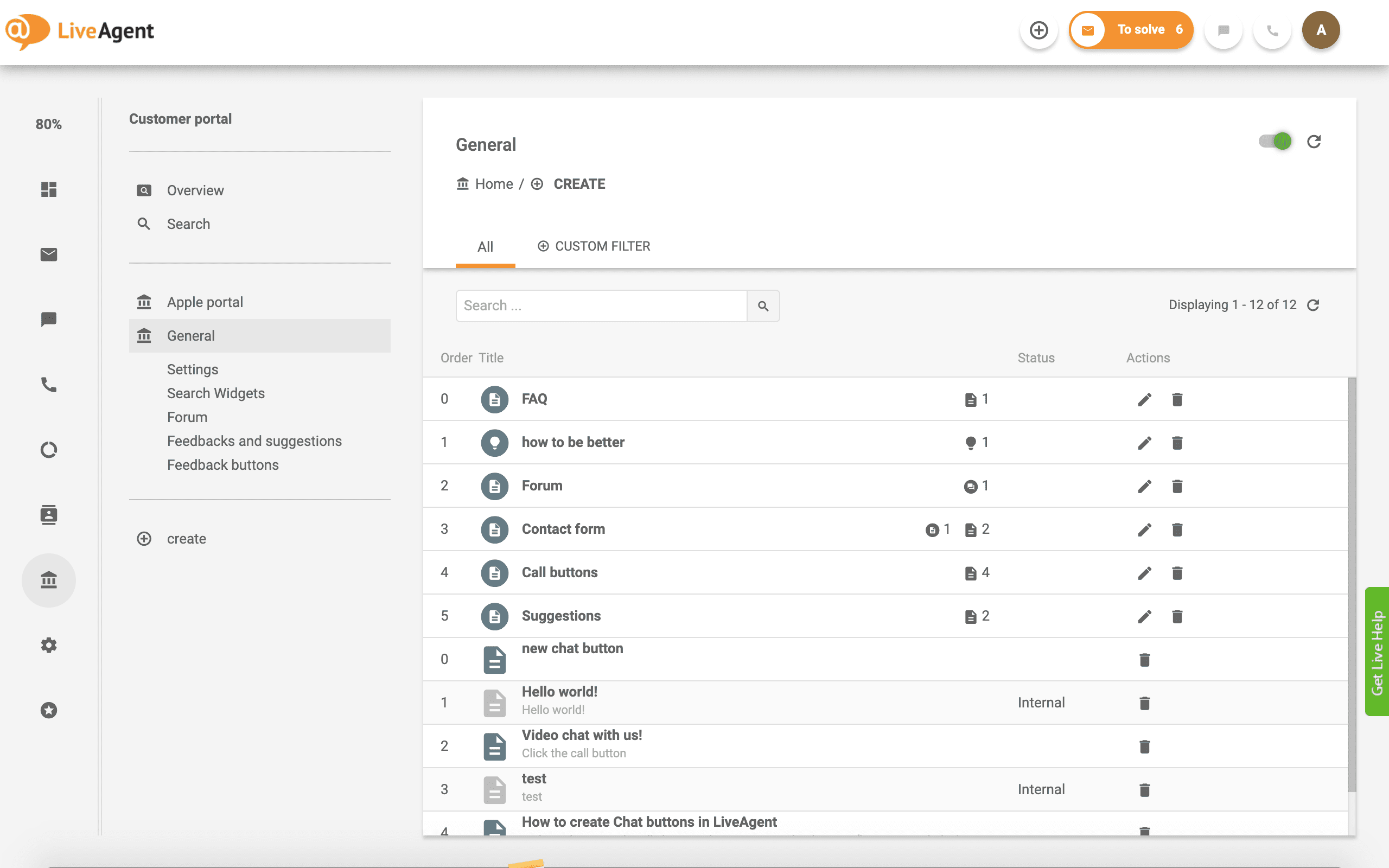 Panoramica dell'interfaccia della knowledge base in LiveAgent.