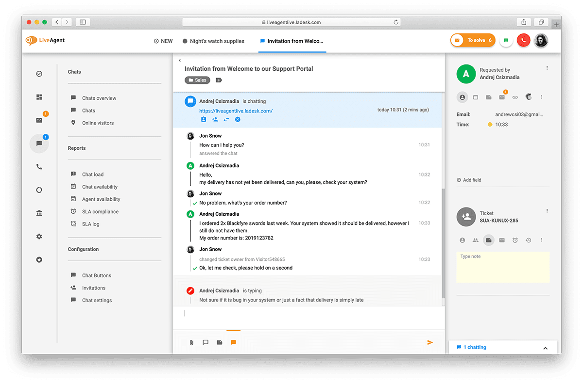 Panoramica dell'interfaccia live chat in LiveAgent.
