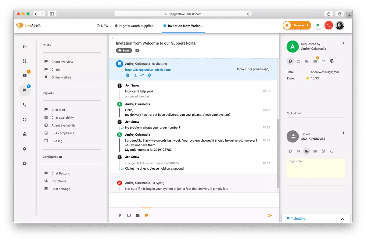 Panoramica dell'interfaccia live chat in LiveAgent.