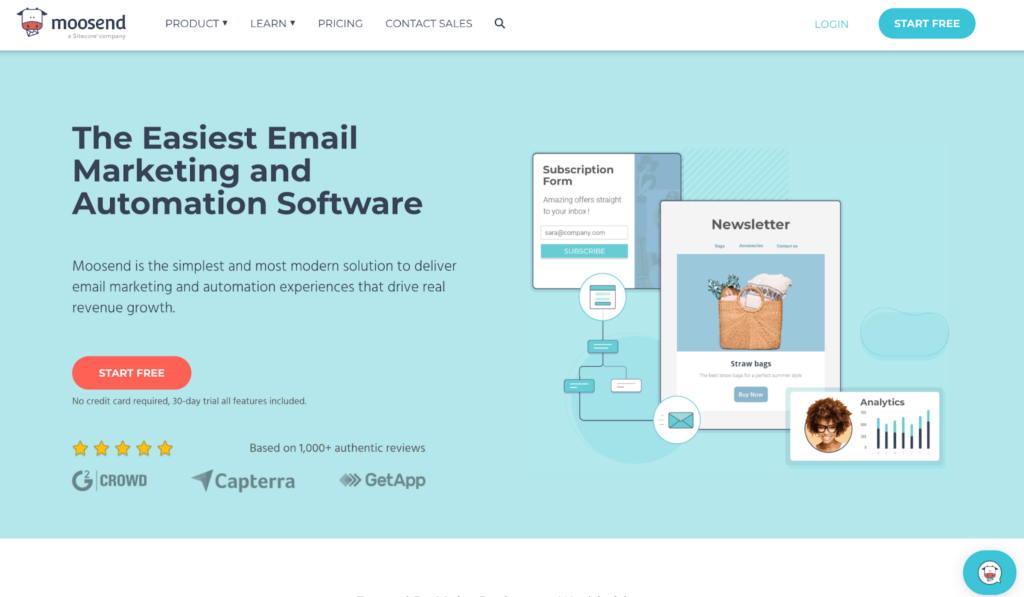 Pagina iniziale di Moosend, software di email marketing e gestione