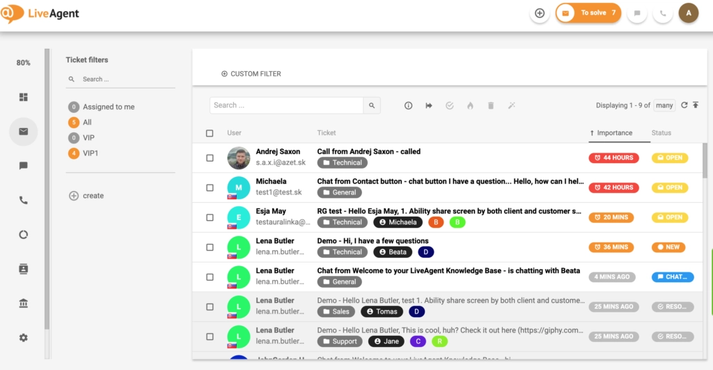 Panoramica dell'interfaccia di ticketing in LiveAgent.