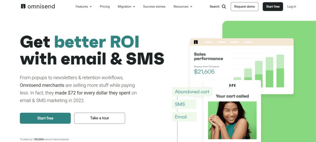Pagina iniziale di Omnisend, piattaforma di email marketing per e-commerce