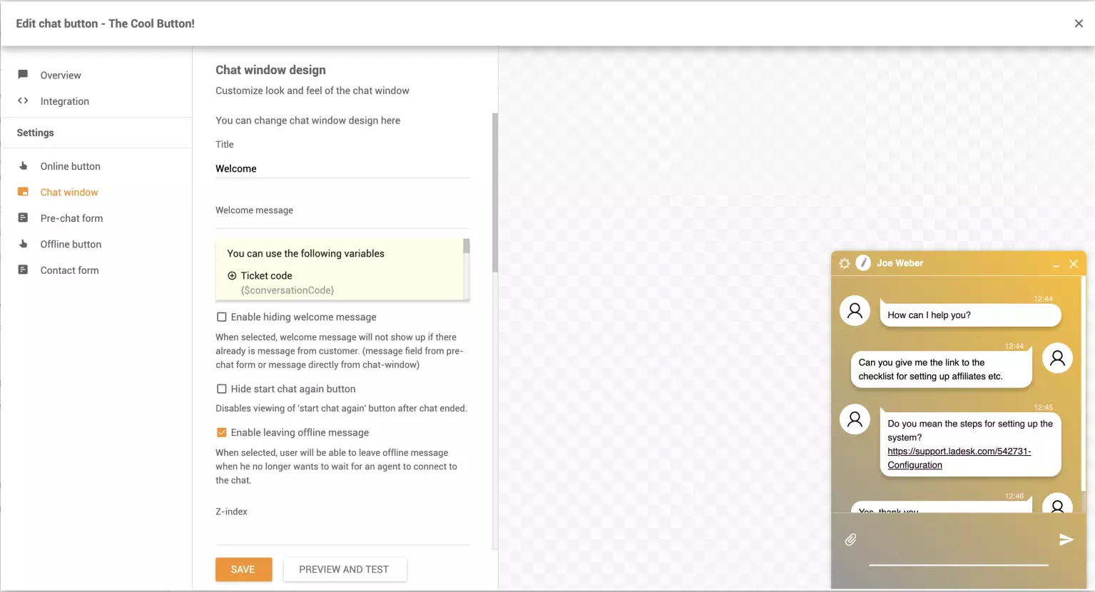 Personalizza la finestra di chat