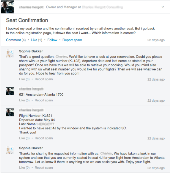 Risposta di KLM Airlines a una domanda del cliente su LinkedIn