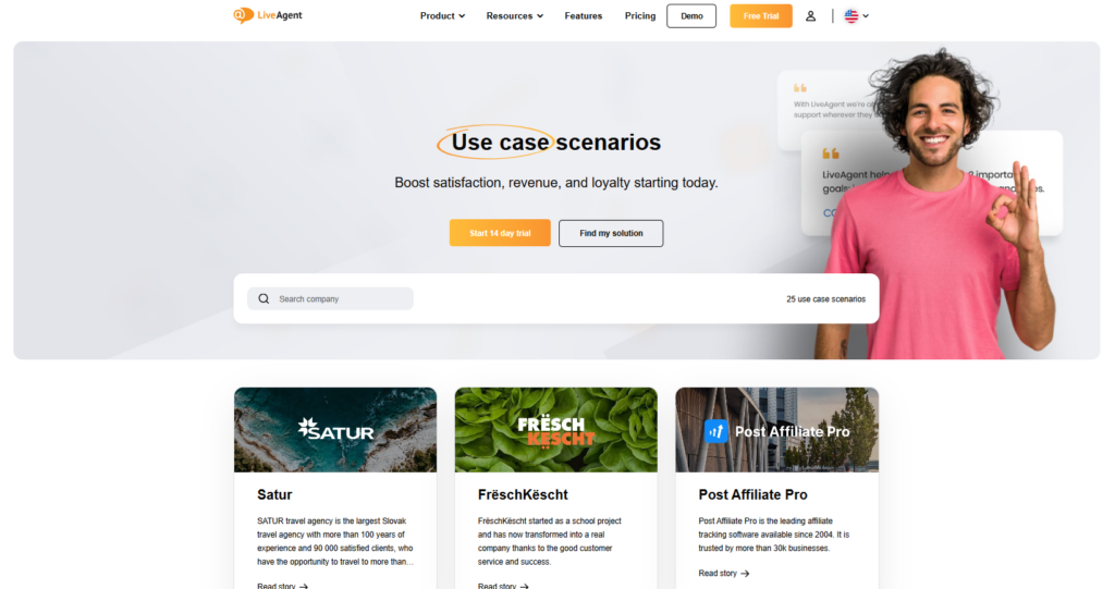 Screenshot del sito web di LiveAgent dove condividono le storie di successo dei loro clienti