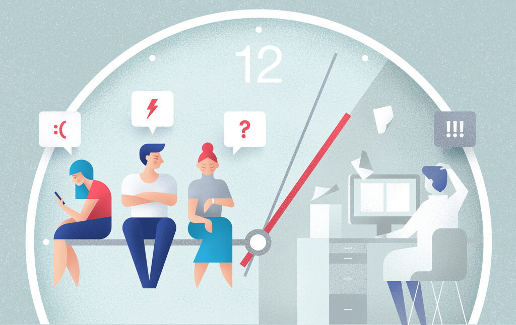 Illustrazione di clienti in attesa di supporto clienti