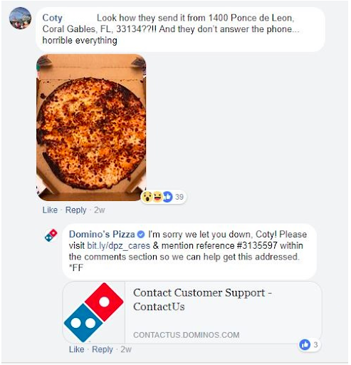 Domino's che reagisce nei commenti di Facebook
