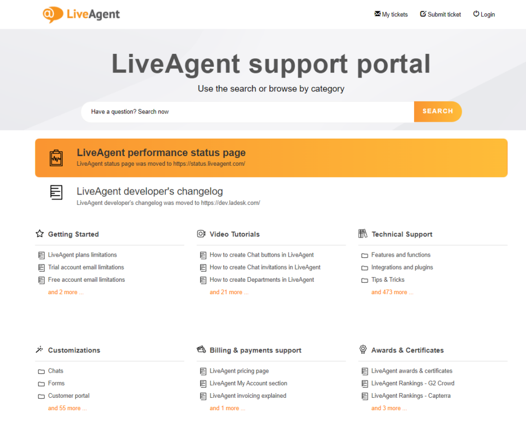 Screenshot che mostra la categoria di supporto tecnico dalla knowledge base di LiveAgent