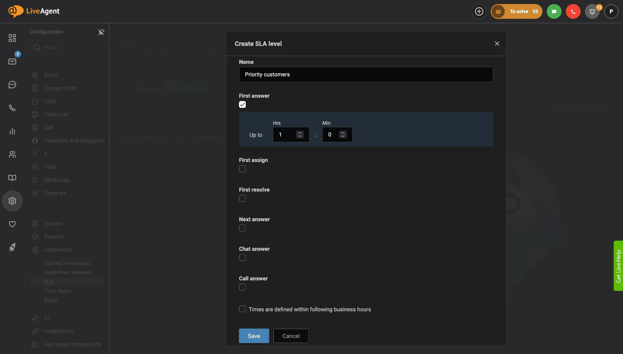 Create SLA level form in LiveAgent with the name Priority Customers and a first answer time of up to 1 hour