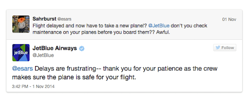 Risposta di JetBlue a un tweet di un cliente insoddisfatto su Twitter