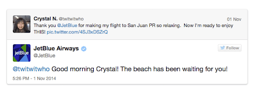 Risposta di JetBlue a un tweet di un cliente soddisfatto su Twitter