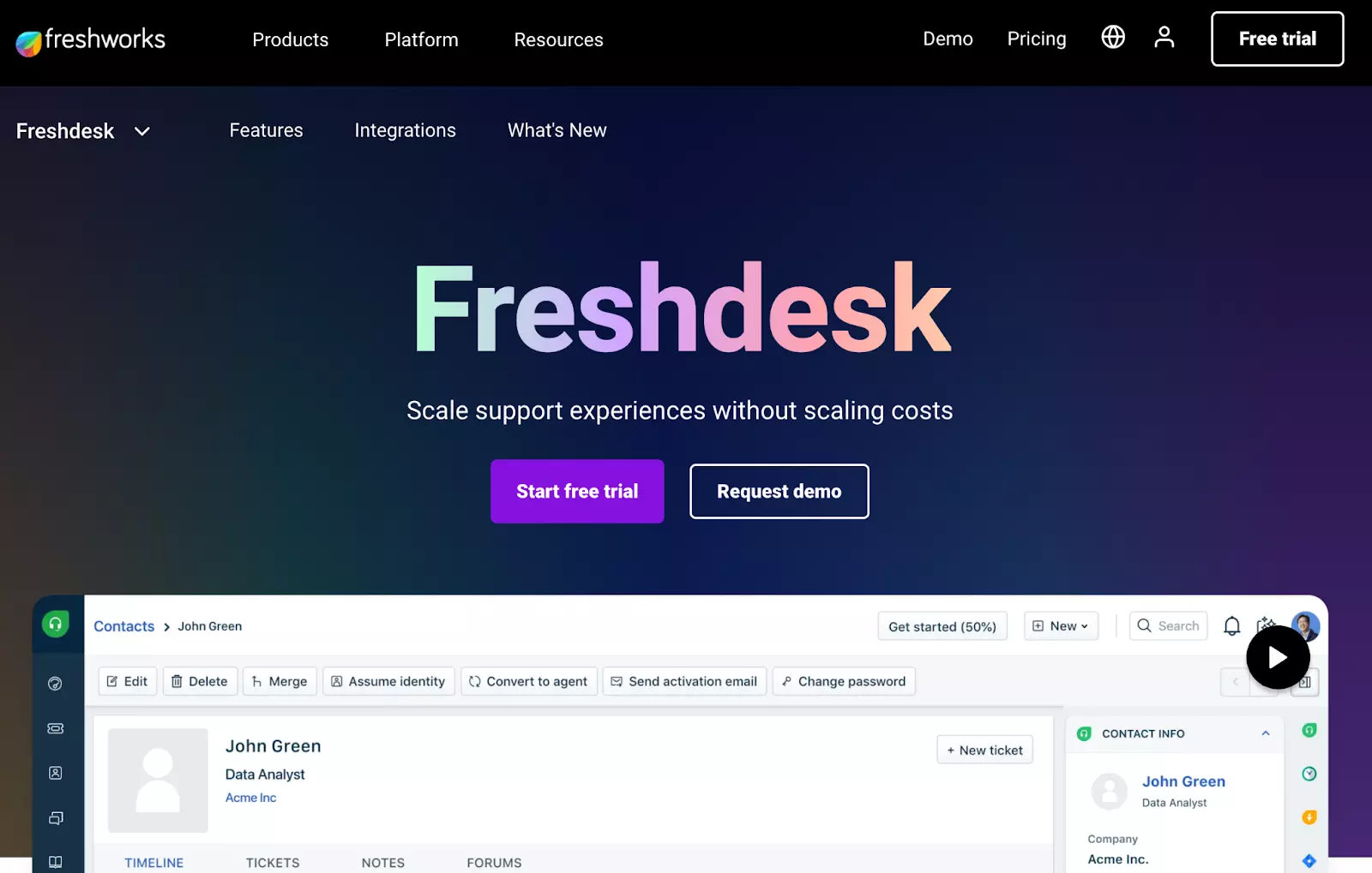 Screenshot della homepage dello strumento software Freshdesk