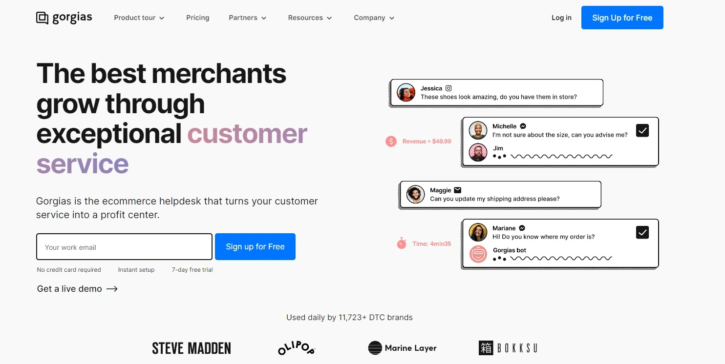 Homepage di Gorgias - software di live chat per ecommerce orientato al profitto