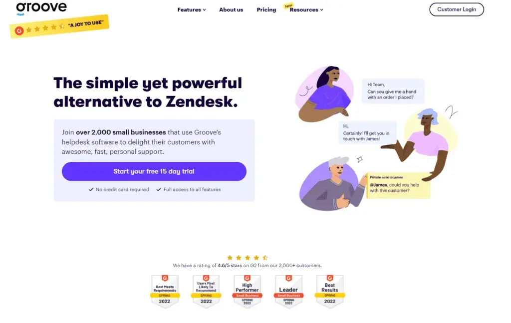 Homepage di Groove - Alternativo semplificato a Zendesk per piccole aziende