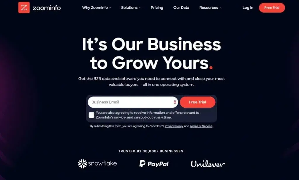 Homepage di ZoomInfo