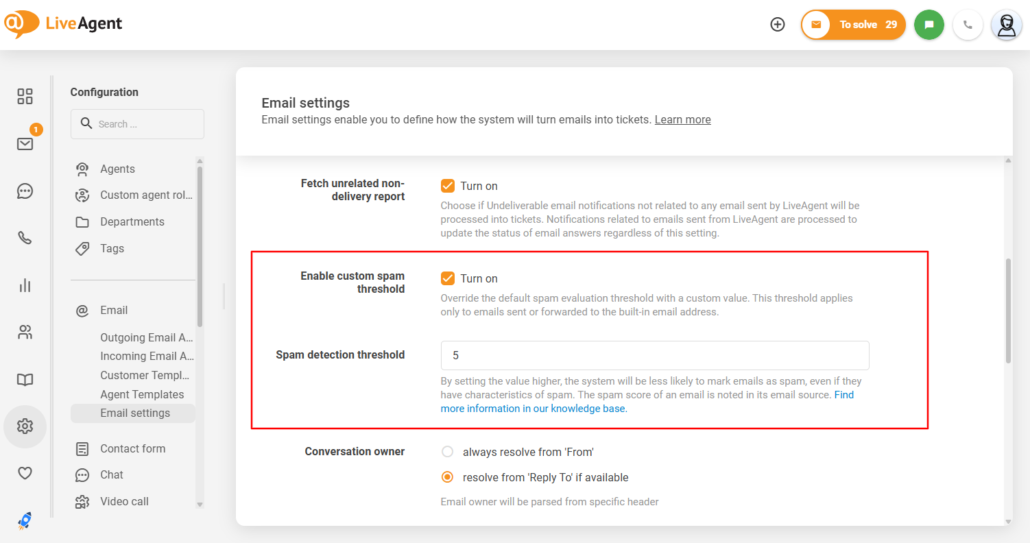 L'interfaccia della soglia spam personalizzabile di LiveAgent