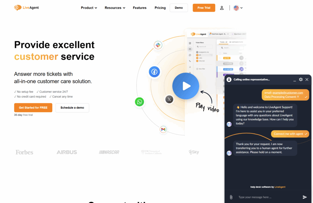 Conversazione del chatbot AI di LiveAgent con un bot sulla pagina web di LiveAgent