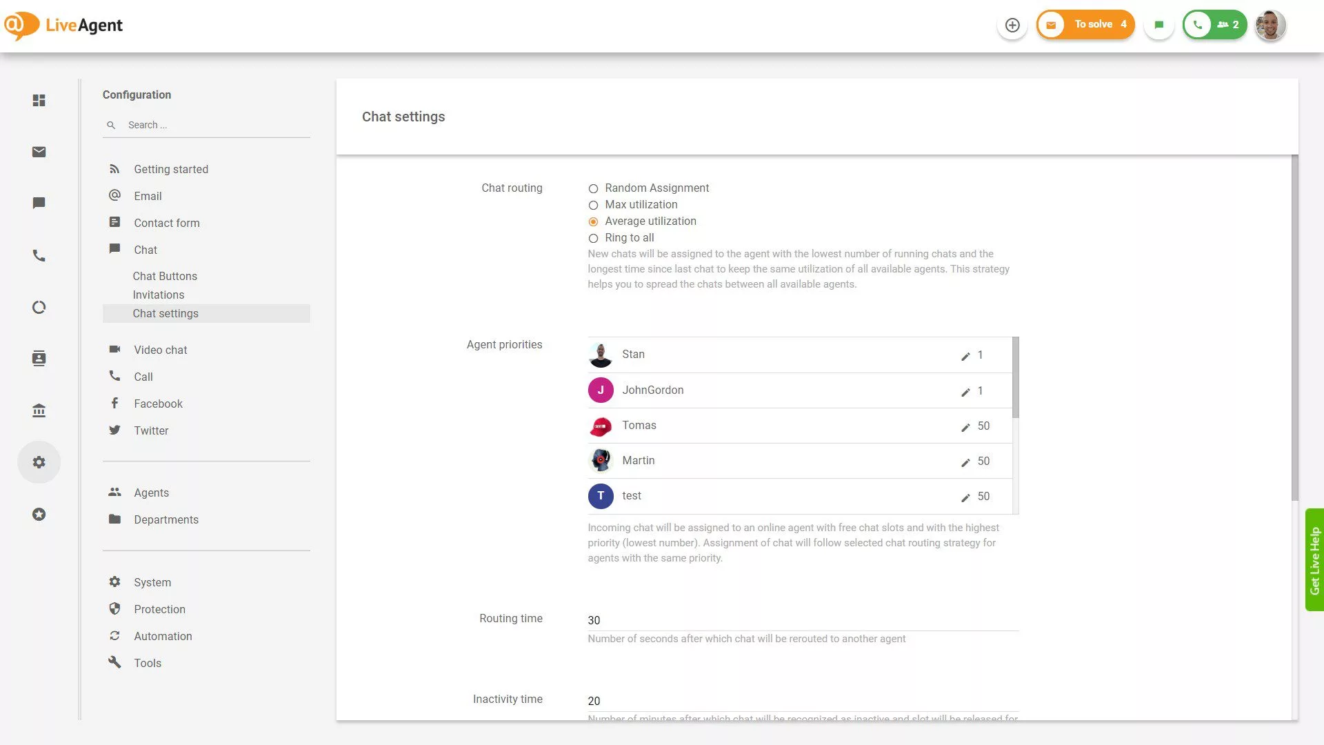Impostazioni chat di LiveAgent
