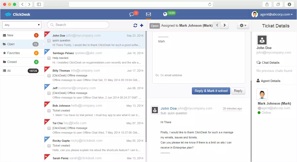 Dashboard e live chat di ClickDesk