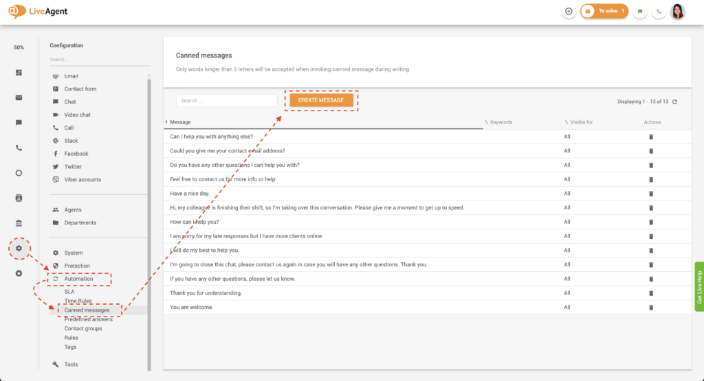 Crea messaggi preimpostati in LiveAgent