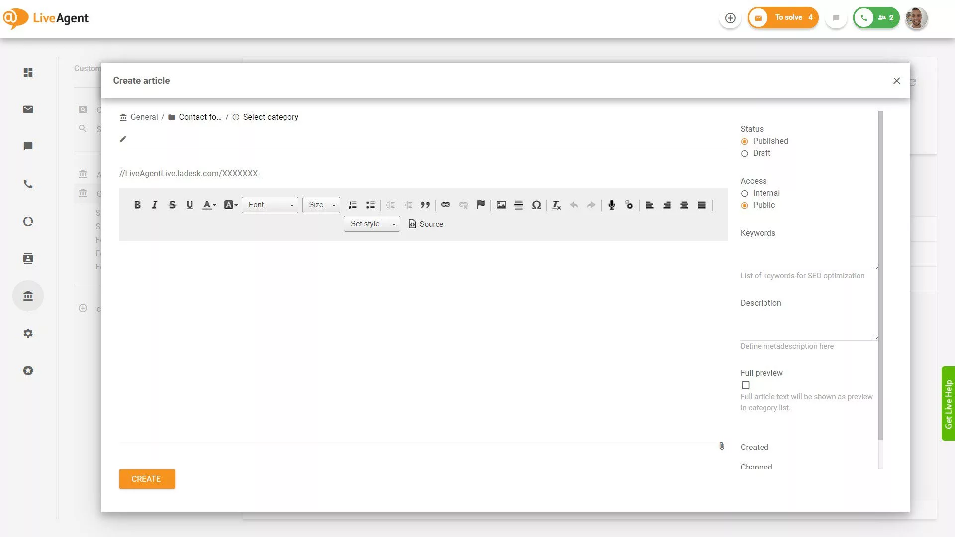 LiveAgent Creazione articolo knowledge base