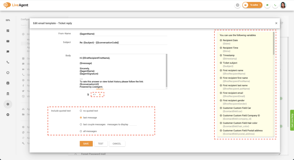 Personalizzazione dei modelli di email di LiveAgent