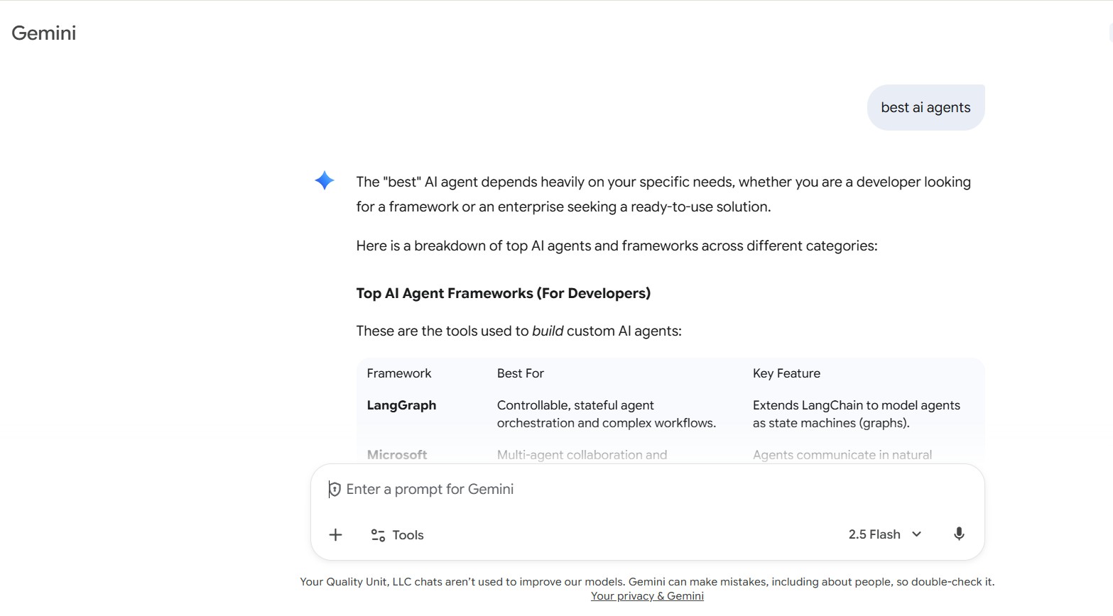 Finestra dell'interfaccia del chatbot AI Google Gemini