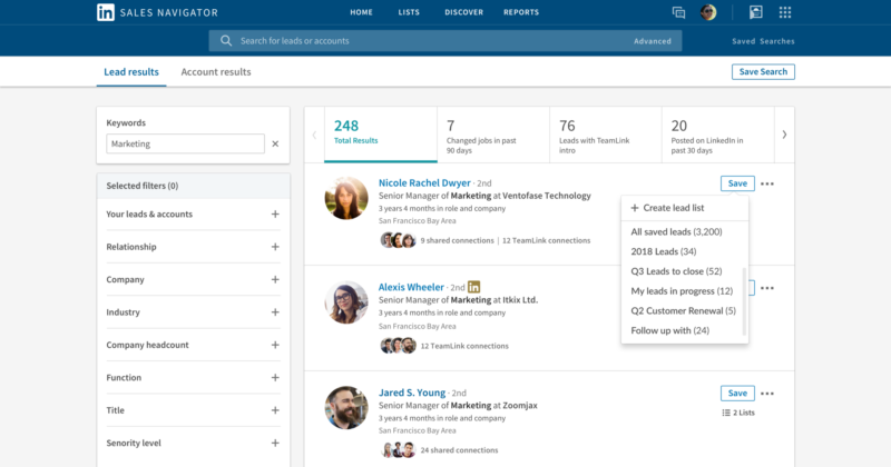 Interfaccia di LinkedIn Sales Navigator