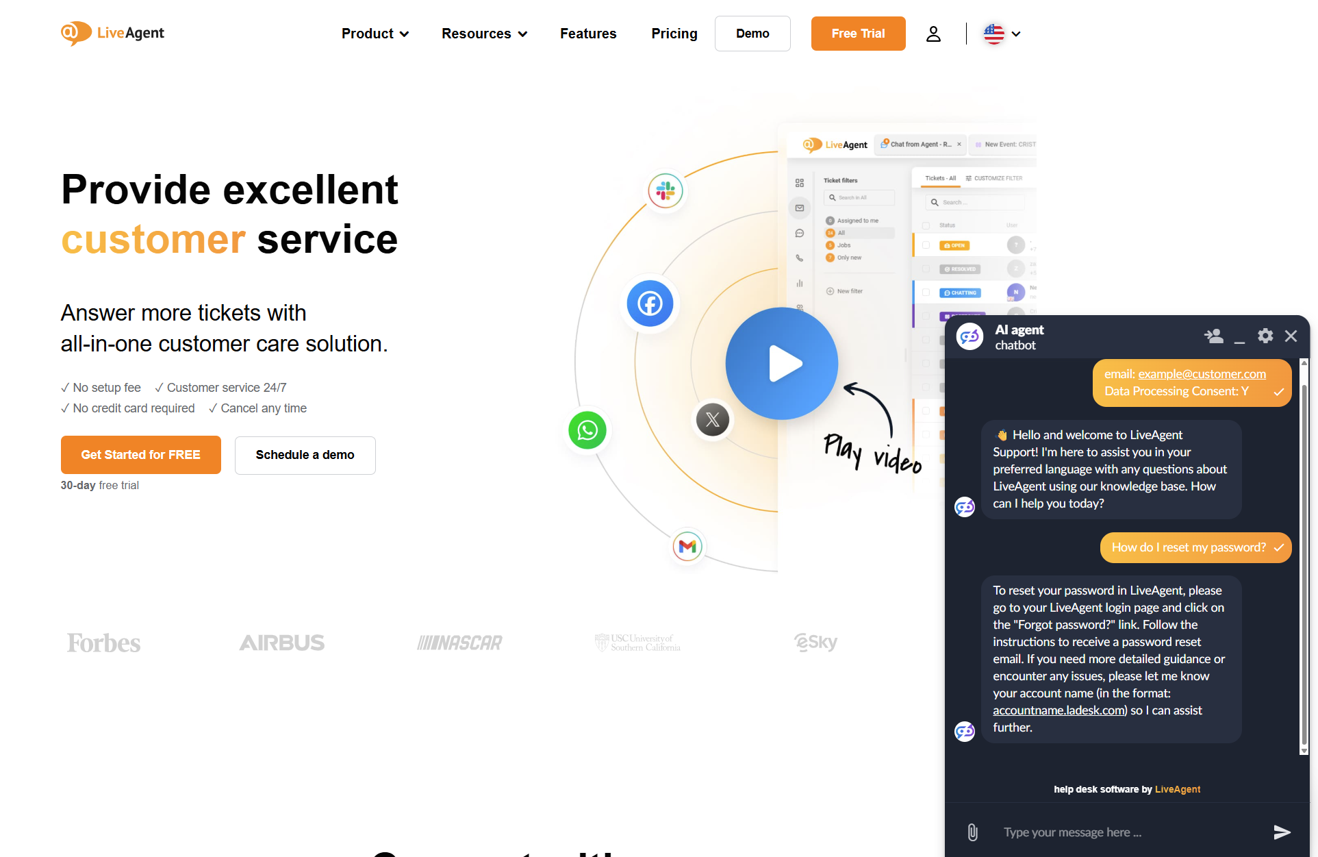 Conversazione chat del chatbot AI di LiveAgent sulla pagina di LiveAgent
