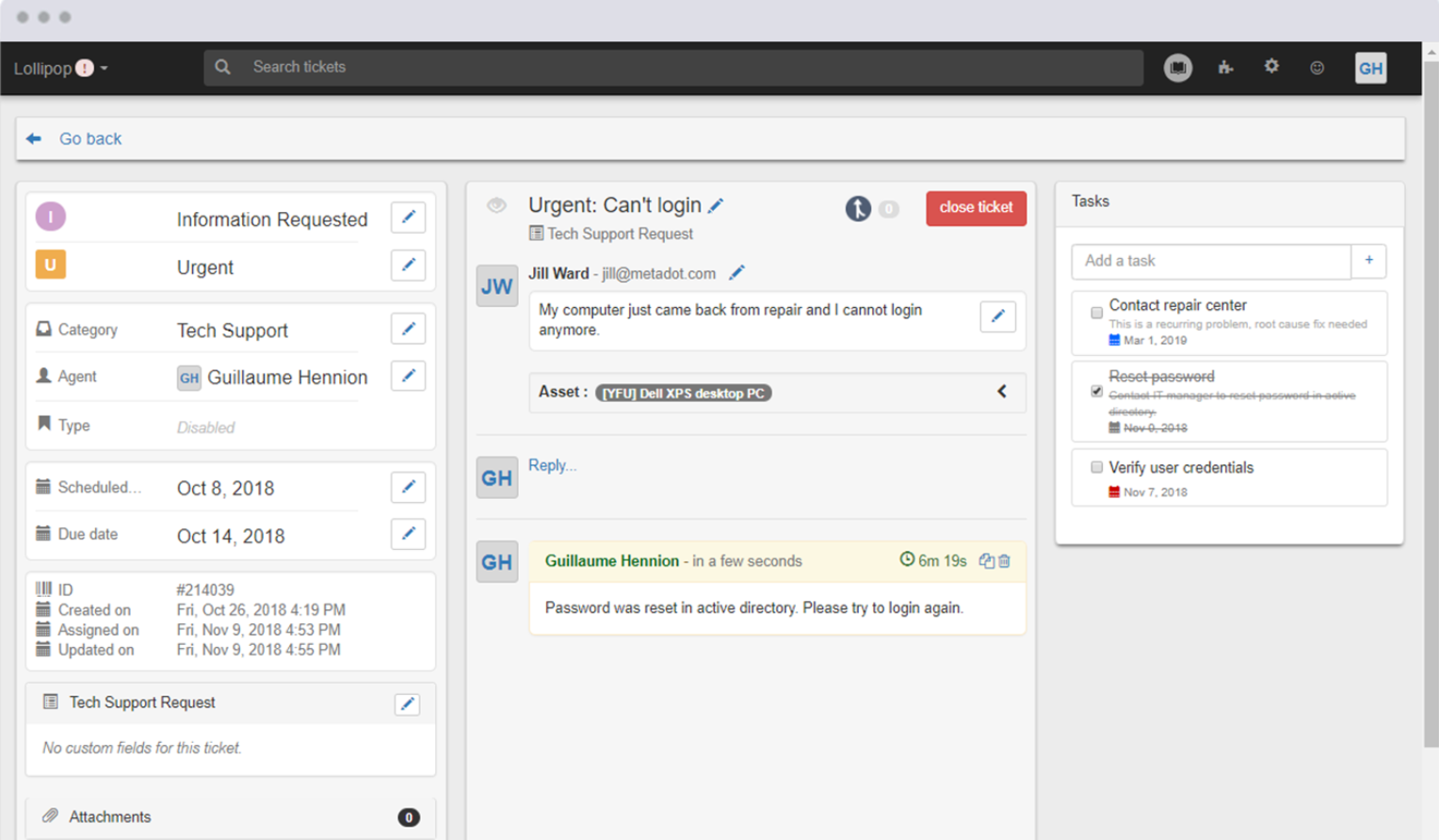 Compiti dei ticket Mojo IT Helpdesk
