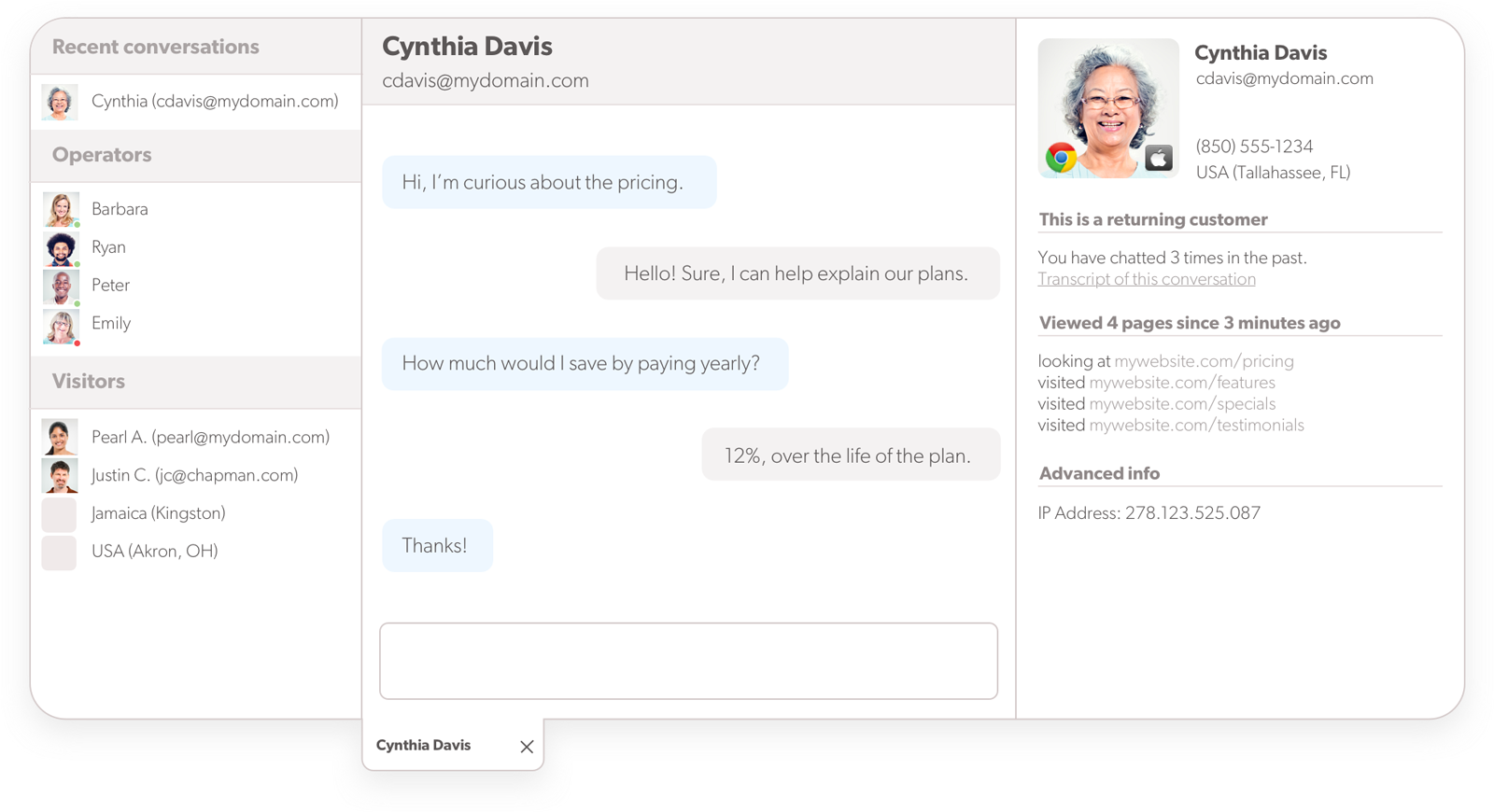 Vista dell'agente di live chat in corso Olark software di live chat