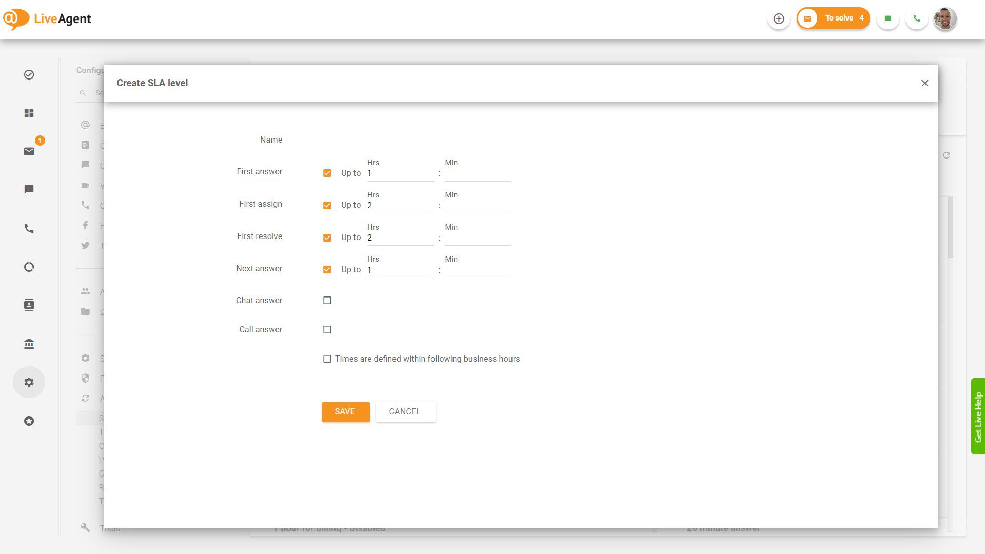 Crea un livello SLA in LiveAgent