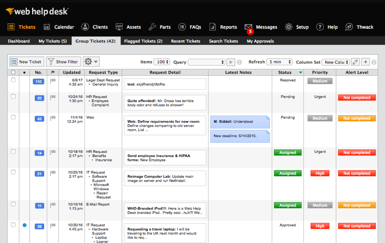 I ticket di SolarWinds Service Desk