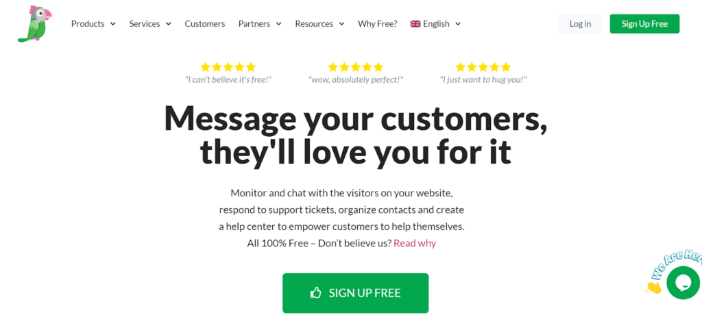 Homepage di Tawk.to - software live chat ecommerce gratuito
