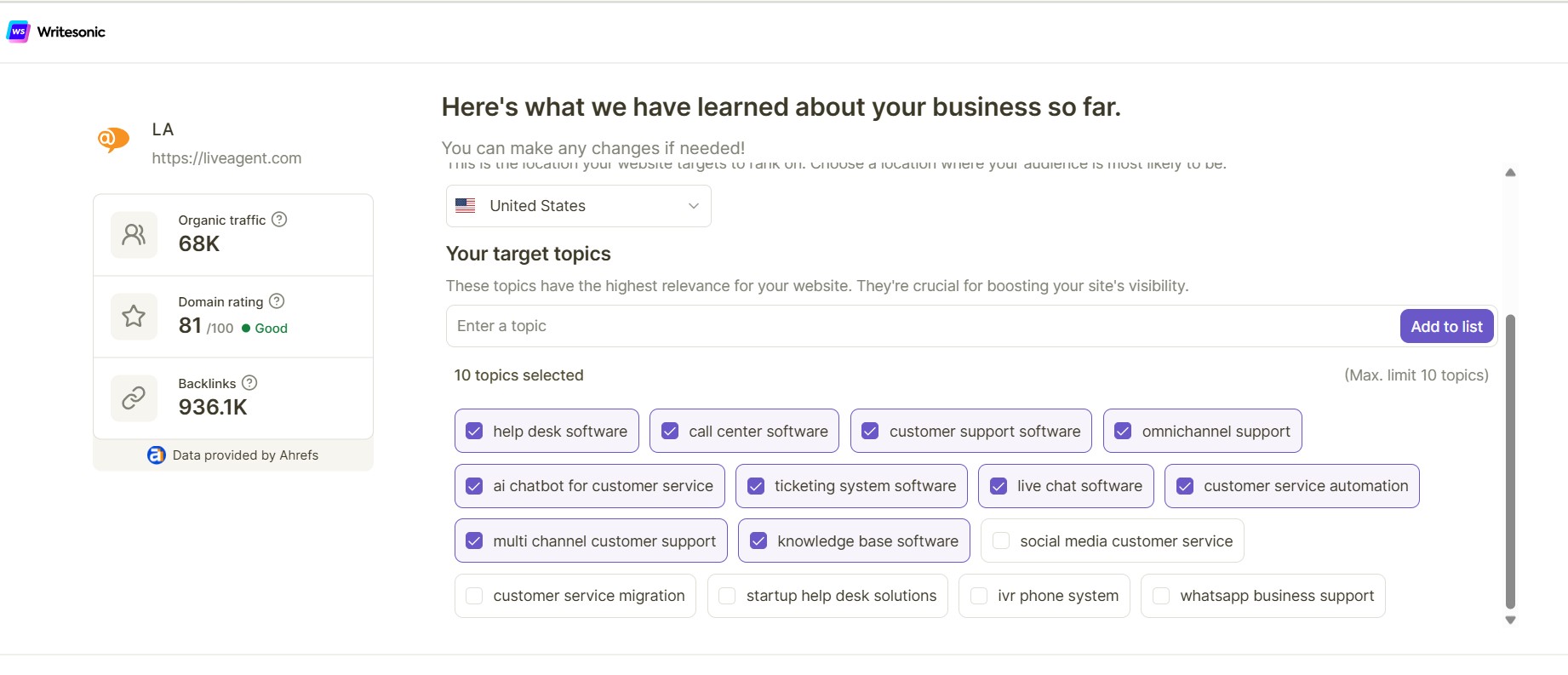 Panoramica dell'audit SEO del sito web Writesonic