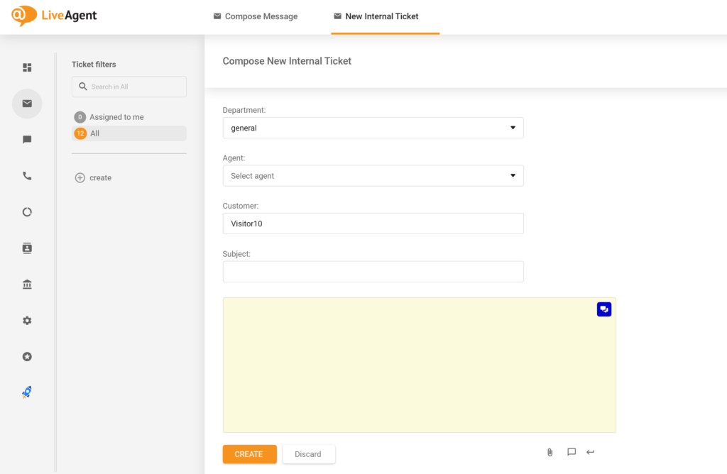 Un'immagine che mostra il vecchio nome del campo Agente, che è stato sostituito da Assegna agente nel nuovo aggiornamento di LiveAgent