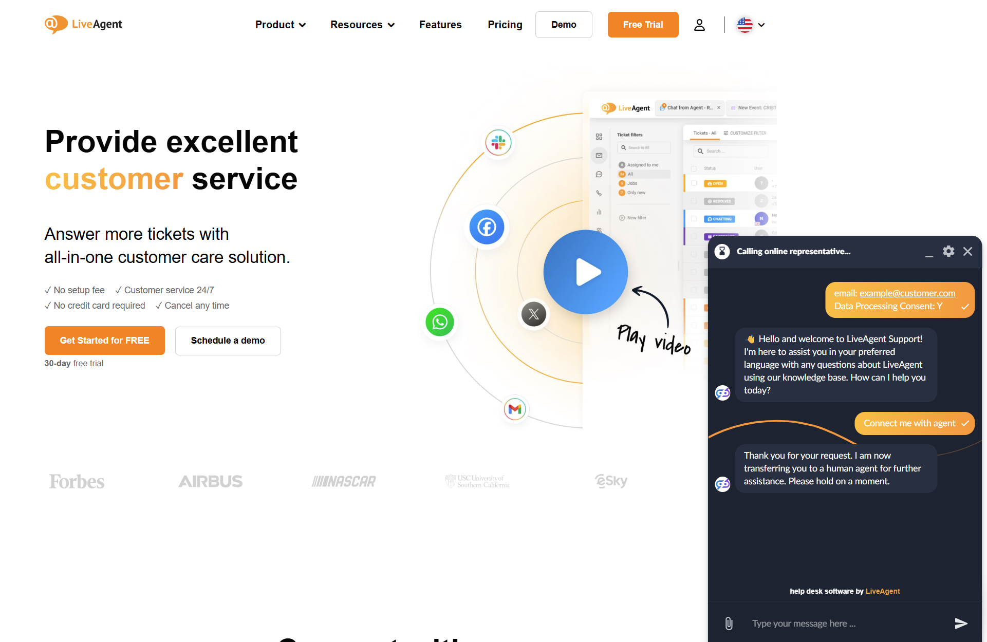 Conversazione del Chatbot AI di LiveAgent con un bot sulla pagina web di LiveAgent