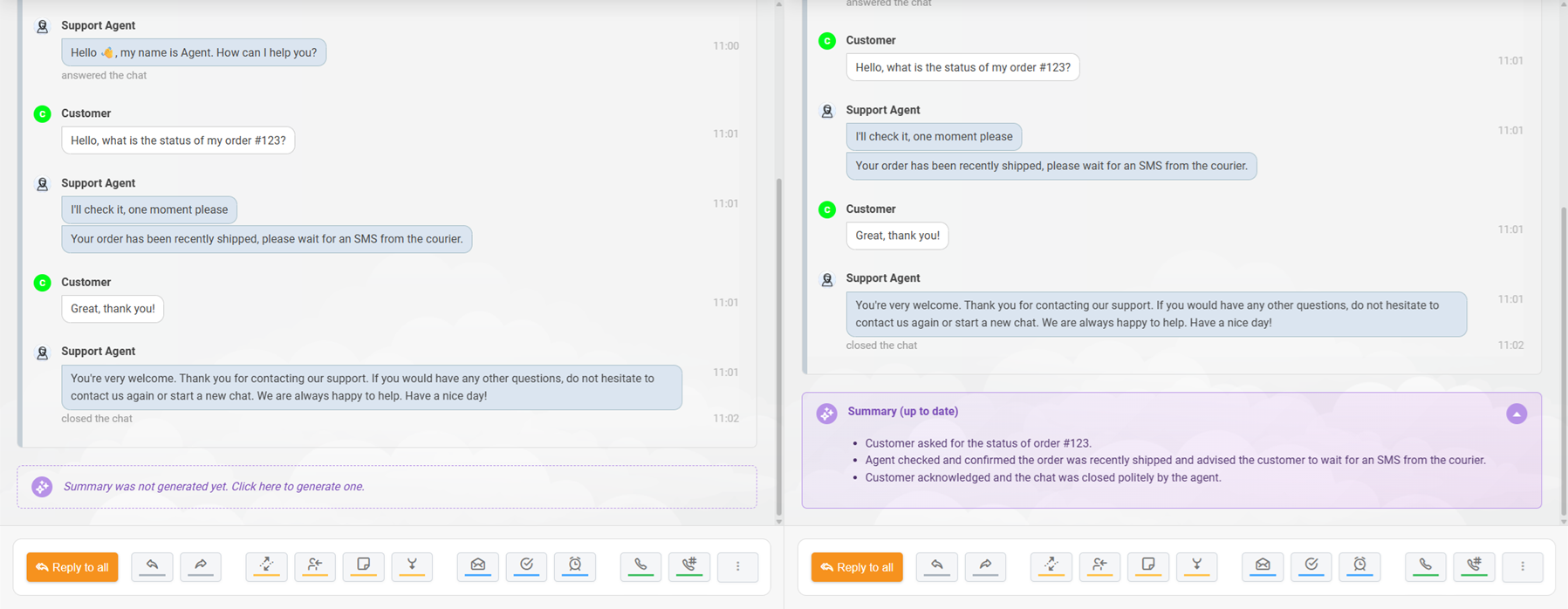 Riepilogo AI del ticket LiveAgent generato per una conversazione chat
