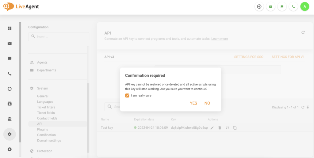 API v3 removal confirmation with a checkbox