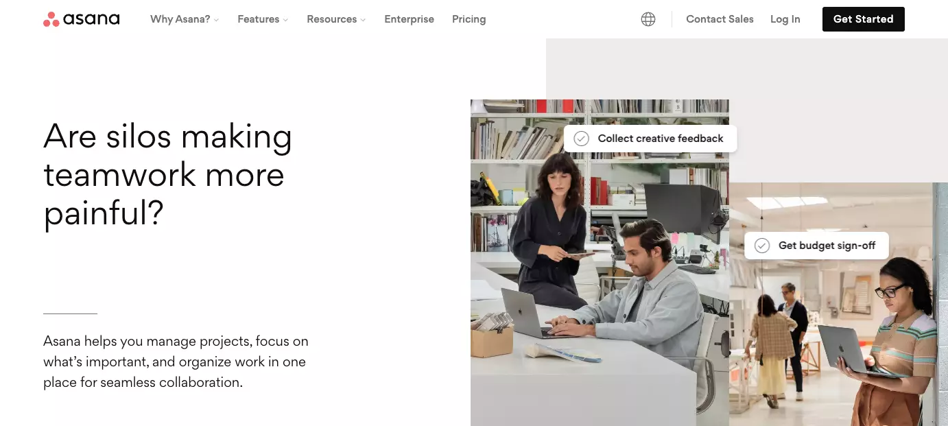La home page di Asana - migliora l'efficienza nella tua organizzazione migliorando la collaborazione del team, organizzando il lavoro e mantenendo la trasparenza.